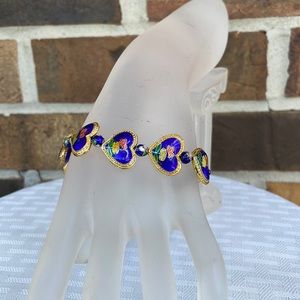 Handmade Blue Cloisonné Heart Bracelet Trimmed in Gold